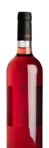 Fles roséwijn met zwarte dop en rode inhoud.